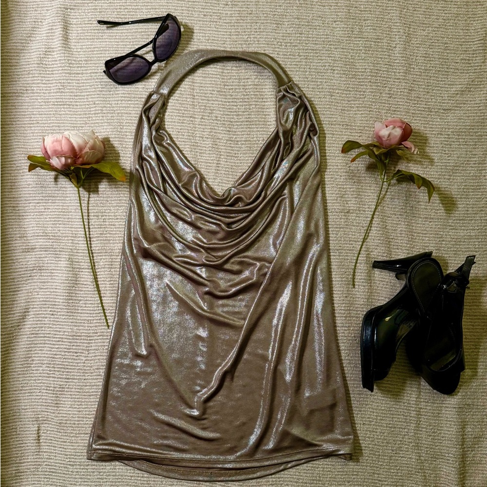 Express Metallic Halter Top – Silver/Champagne Shimmer – Y2K Party Vibes